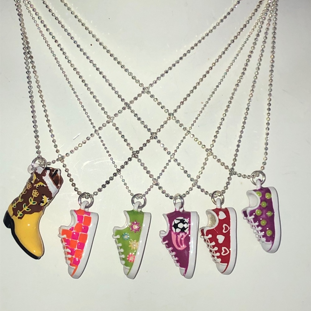 NWOT ceramic shoe charms on 16” silver tone chain (10 total necklaces)